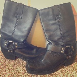 Black mid calf biker boots